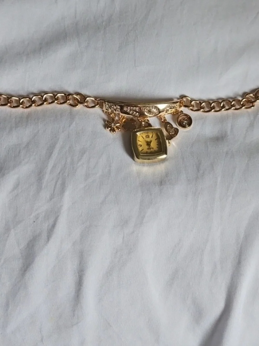 Gold Charm Bracelet Watch with Flower and Crystal Accents - Women Accessories